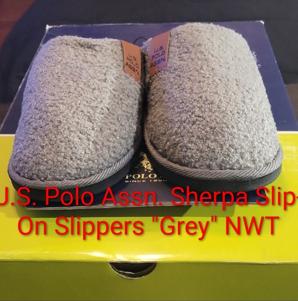 U.S. Polo Assn. Sherpa Slip-On Slippers "Grey" M7/8/W8.5/9.5 NWT